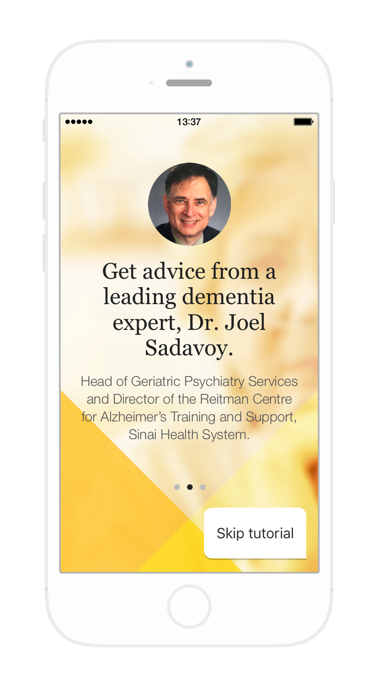 Dementia Advisor app screenshot, Get advice from a leading dementia expert, Dr. Joel Sadavoy