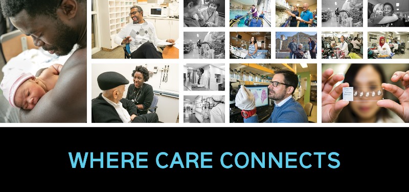 Collage of images at the hospital with text "Where Care Connects"