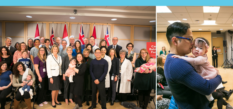 Two photos side by side. One is a group shot including hospital staff, public officials, patients and families and the other is a father holding his baby at the event.