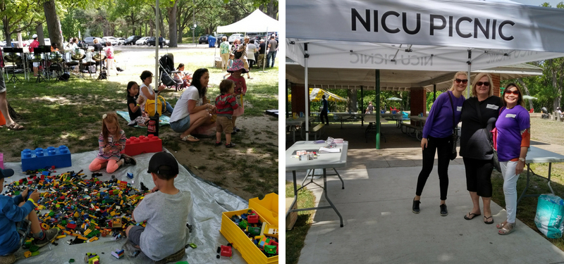 Two photos side by side, one shows kids at the NICU picnic playing with lego and the other shows staff members at the event