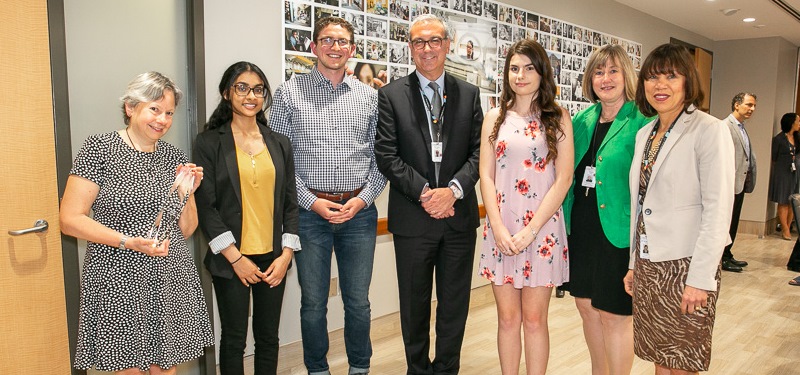 Group photo of four scholarship and bursary winners along with Sinai Health System's CEO, Vice President of Education and Vice President of Human Resources at a reception