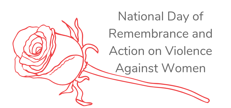 Rose graphic with text: National Day of Remembrance and action on violence against women