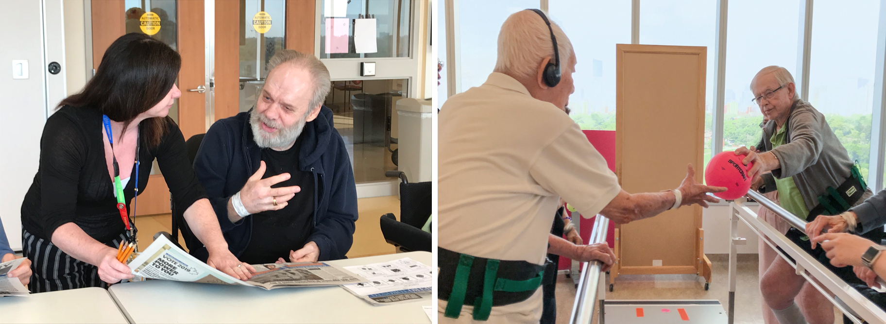 Two separate photos next to each other. One shows a patient and member of the clinical team at a table discussing a newspaper. The second photo shows an exercise class where two patients are standing holding onto railings and passing a ball to each other.